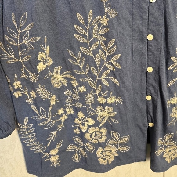 J Jill Womens M Blue Tunic Floral Expressions V-Neck Embroidered Button-Up Roomy - Picture 6 of 7